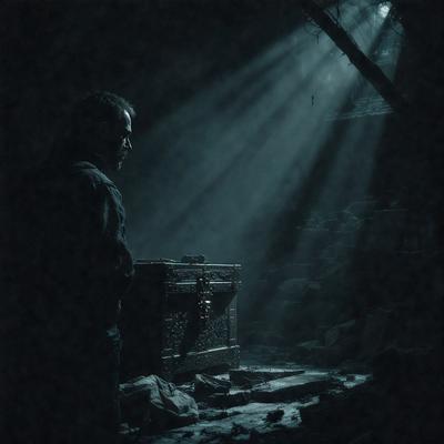 The primary subject of the image is a man standing next to a chest. The setting is a dark room with a stone wall in the background. The visual style is a black and white photo, giving the image a classic and timeless appearance. The dominant colors are black and white, creating a moody and dramatic atmosphere.